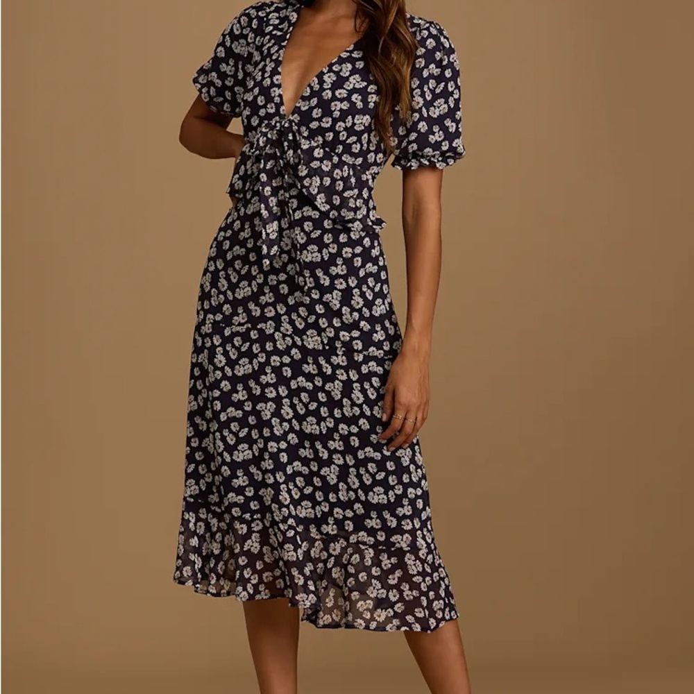 Lulu's “Anything Lovelier” Navy Floral Midi Dress
